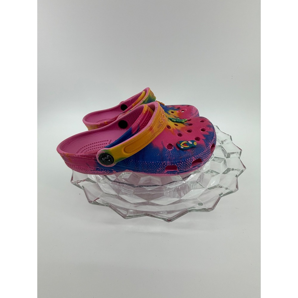 Crocs Tie Dye Pink Yellow Blue Green Turtle Sun Jibbitz Clogs Toddler Size 4 6 - Picture 5 of 10